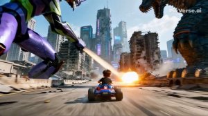 PixVerse_V5_Extend_1080P_小男孩开着赛车向前快速行驶，两边不断爆炸