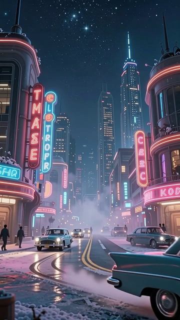 Зимняя ночь в неоновом городе #неон #город #автомобили