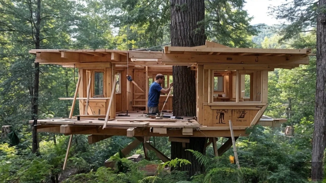 Человек построил огромный дом на дереве в горах своими руками.