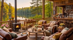 Уютное утро у озера ☕ Камин и кофе на веранде с джазом для расслабления