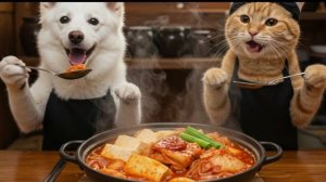 Чиндоккэ и котик сварили свиное кимчи-ччигэ! Смогут ли они это съесть? 🍲🐶🐱