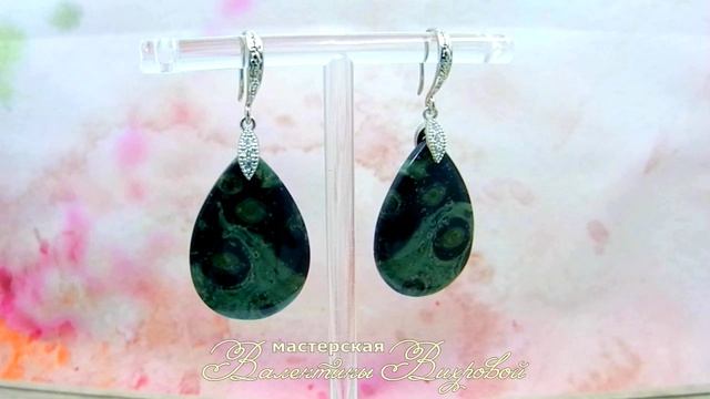 Капли, серьги с подвесками, зелёная яшма
