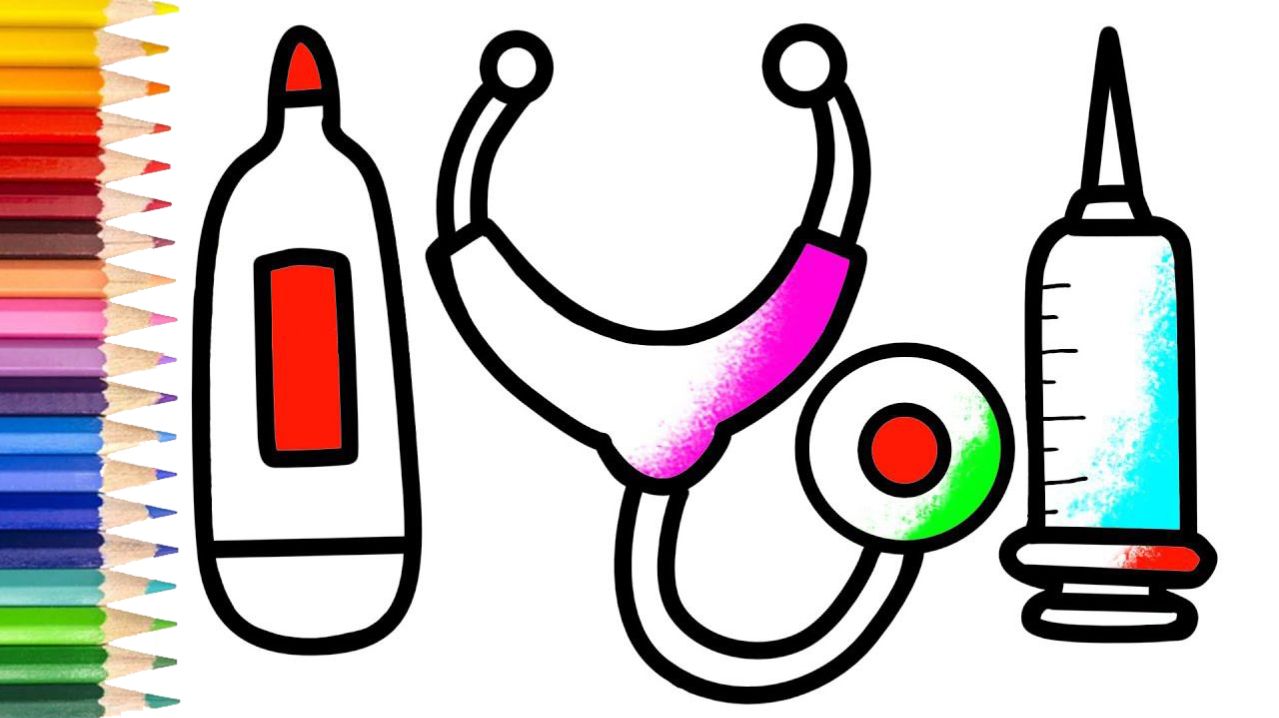 Мультик для детей-Как нарисовать МЕДИЦИНСКИЕ ПРИБОРЫ для детей/Рисование ГРАДУСНИКА и ШПРИЦА