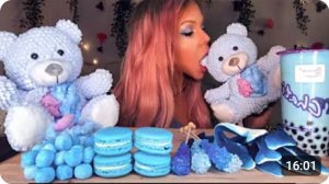 ASMR Синяя еда, съедобная начинка для плюшевого мишки, чай с пузырьками, макароны, шоу поедания леде