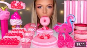 ASMR РОЗОВАЯ ЕДА Свинка Пеппа, мороженое Got Milk, пончик с джемом, макароны, лопающиеся шарики тапи