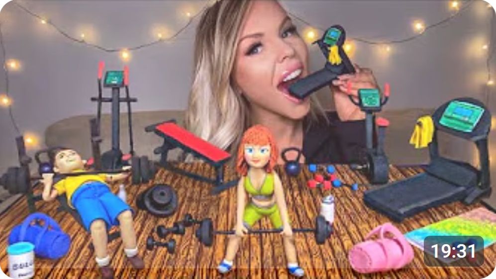 ASMR Съедобный домашний тренажерный зал эллиптический тренажер, велотренажер, беговая дорожка, гиря