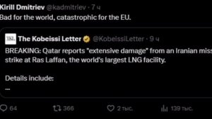 🇪🇺🇮🇷🇶🇦 Удар по заводу СПГ в Катаре является катастрофой для ЕС, — Дмитриев

▪️Так он прокоммен