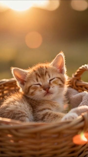 Милый котенок в корзине на закате #котята #питомцы #закат