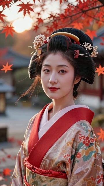 Традиционная японская красавица на фоне осенних листьев #япония #осень #красота