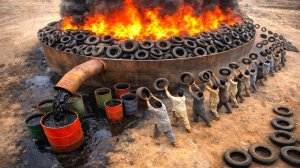 Экстремальная переработка автомобильных покрышек и коровьих костей на Пакистанской фабрике.