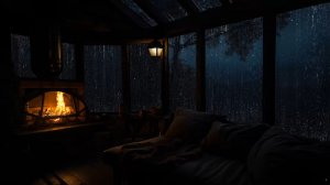 Ночной дождь и камин 🌧️🔥 Уют в лесной хижине | Звук дождя для сна