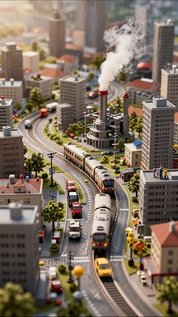 Городская жизнь в миниатюре: дождь и движение #минигород #поезда #дождь