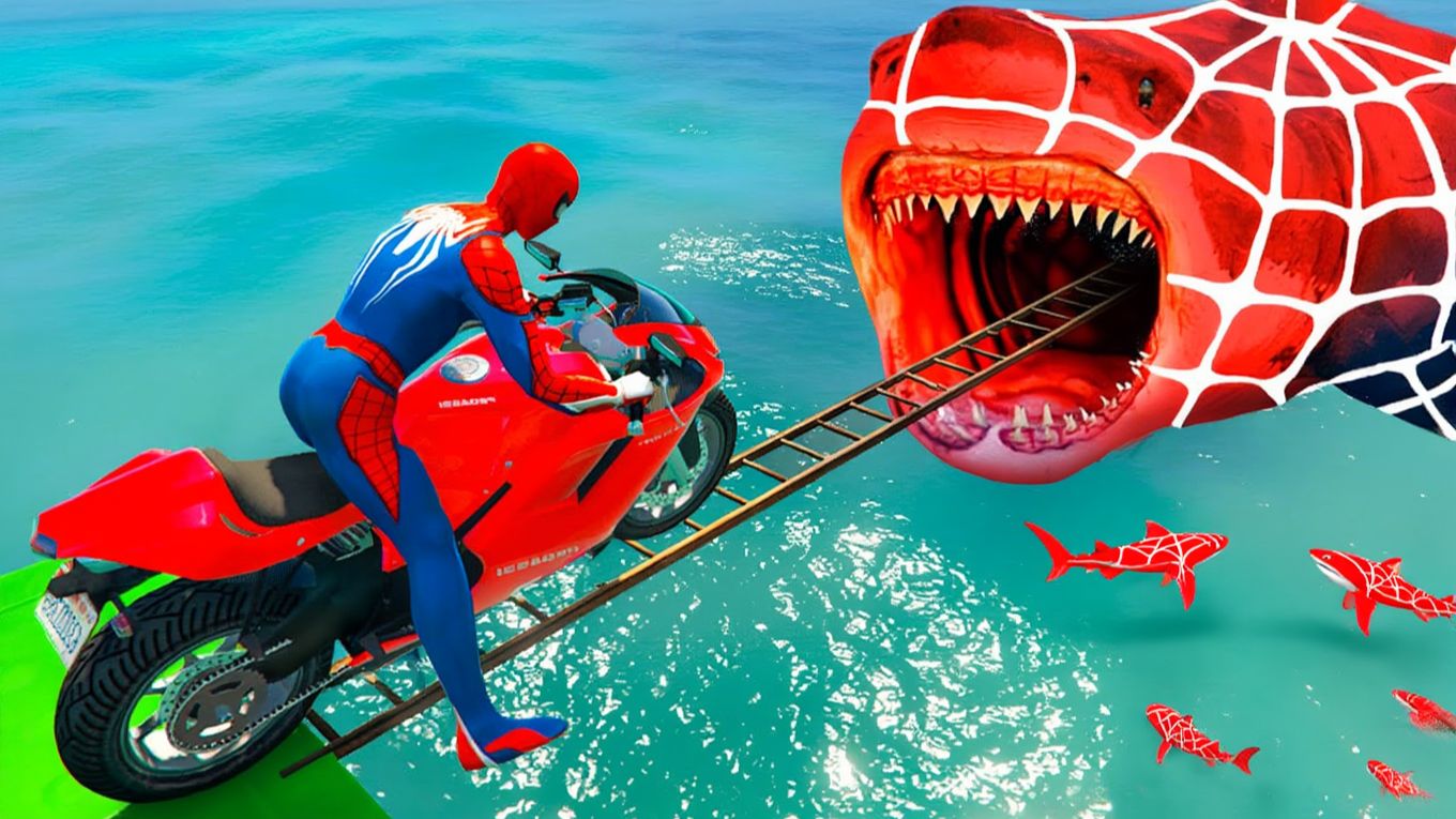 Самый крутой трюк Человека-паука на мотоцикле через акул! Смешные моменты с трюками супергероев!