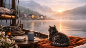 Туманное утро у фьорда | Уют на лодке с котом | Медитативное видео