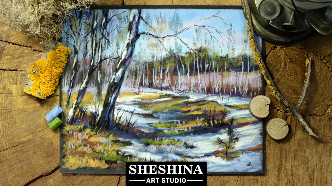 Рисуем весенний пейзаж с березами сухой пастелью 🎨 Шешина_Екатерина смотреть онлайн