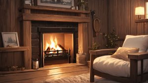 Камин мягко горит в уютной комнате — спокойная анимация природы для сна