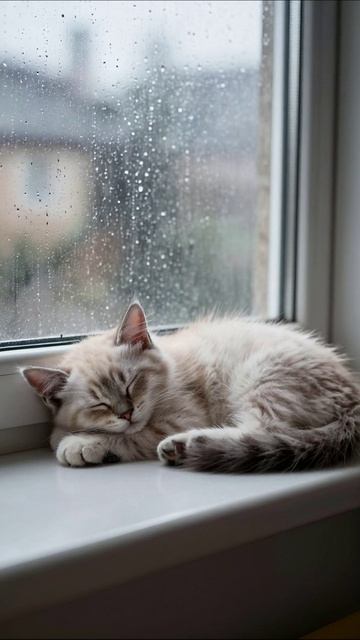 Котик на окне в дождливый день #котики #дождь #умиротворение