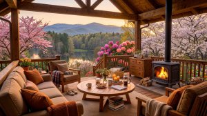 Весенний закат у озера 🌸🔥 Уютная терраса с камином и джазом на фоне