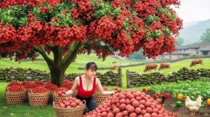 Таймлапс. Взбираюсь на высокое дерево личи. Собираю много личи и отправляю их на продажу.