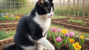 котик садит растения и фрукты