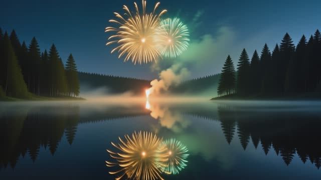 Фейерверки над озером в лесу! Отражение и магия. 🎆🌲✨