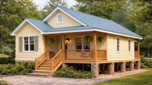 Семейная пара с двумя маленькими детьми построила деревянный дом с удобной кухней. Бушкрафт