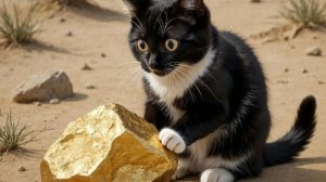 чёрно белый кот нашёл в песке золото