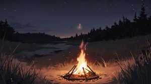 Костёр у реки ночью — спокойная анимация природы для сна
