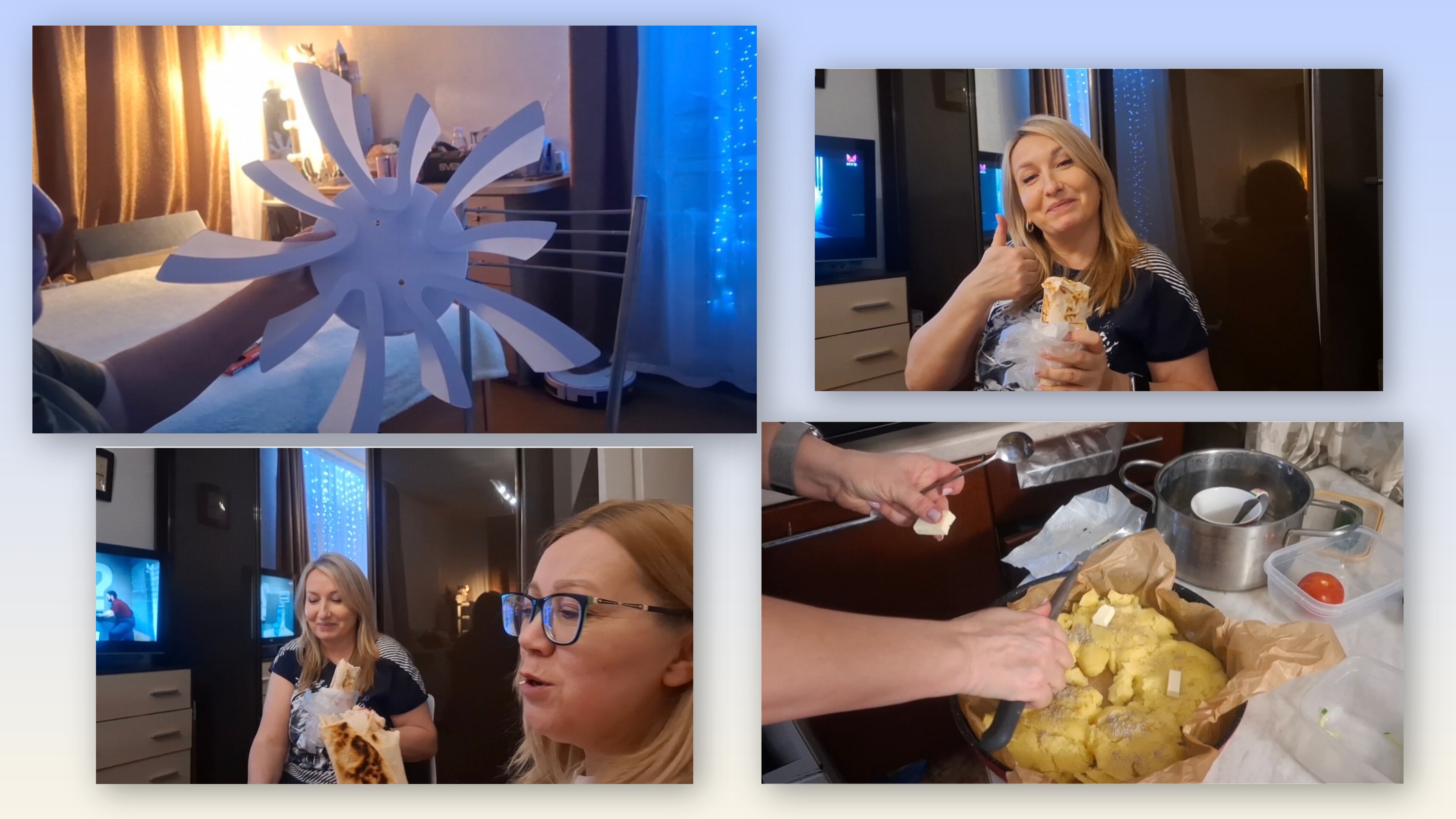 Вкусный ужин. Сходили в гости. Повесили люстру.