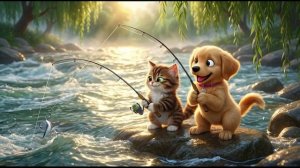 Котёнок Фёдор и щенок Маша на рыбалке