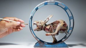 Диорама с изображением кролика-зомби, бегущего на колесе. 