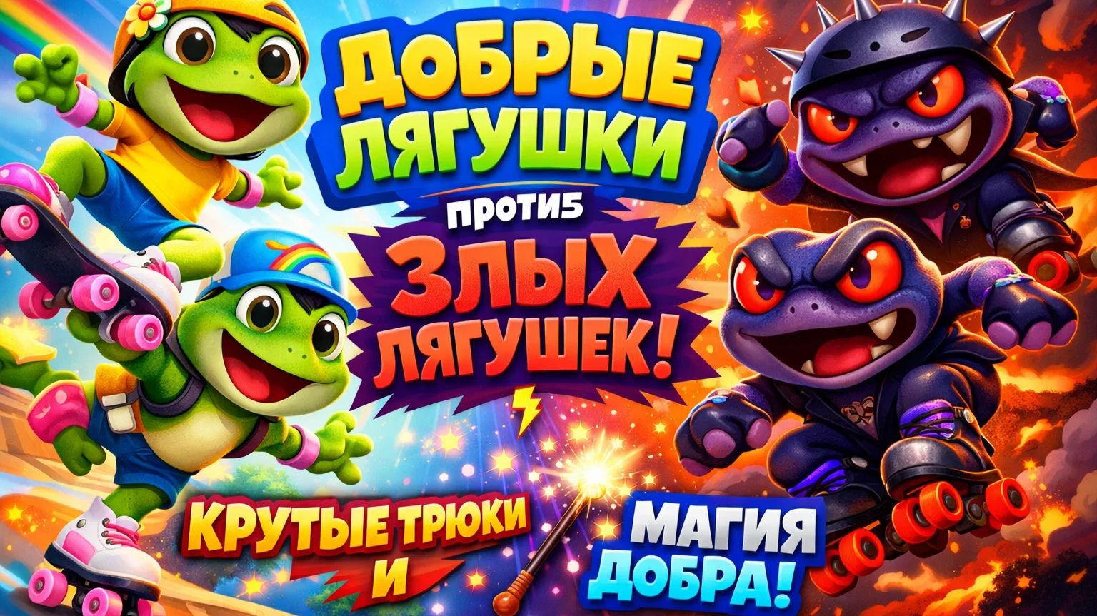Очаровательные Добрые лягушки против злых лягушек: Эпические трюки на роликовых коньках!