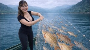 Деревенская девушка забрасывает большую сеть на озере. Небольшой улов рыбы. Жизнь во Вьетнаме