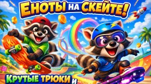 Невероятное приключение крутых енотов на скейтборде! Дикие трюки и волшебные аттракционы для детей