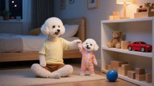 Щенок наблюдает, как папа-собака строит полку для игрушек, и учится наводить порядок 🛠️🐶