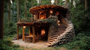 15 дней строительства деревянного дома с натуральной каменной крышей.