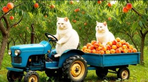 Две белые кошки управляют синим трактором, полным персиков — милое и забавное фермерское приключения