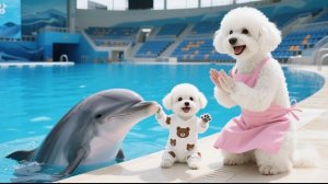 Очаровательный щенок приходит в океанариум с мамой-собакой