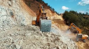 Powerful Excavator Cutting Stone _ Building New Mountain Road & Loading Heavy Dump Trucks