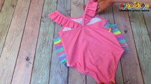 340981 Купальник Lanson Kids слитный с принтом единорогов и разноцветной бахромой розовый