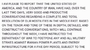 ⚡️ Трамп решил отложить удары по иранской энергетической инфраструктуре на пять дней