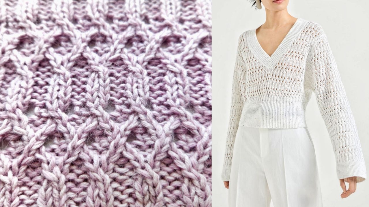 Ажурный узор джемпера от Кучинелли ⭐ На основе резинки с ромбами ⭐ Схема