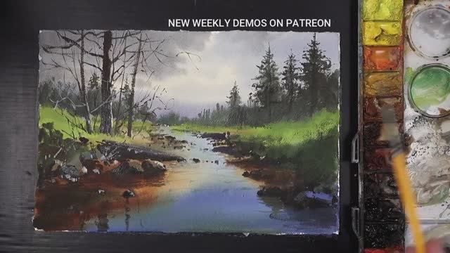 Как нарисовать акварелью тихий лесной ручей