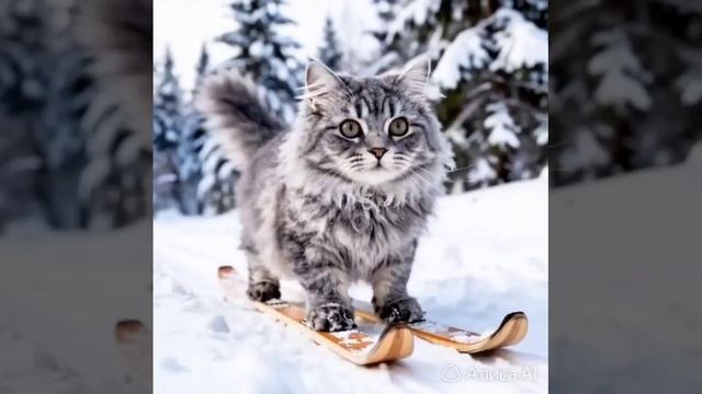 котёнок шмяк на лыжах