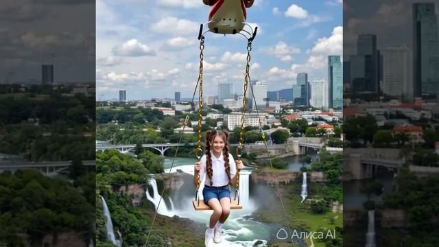 Качели под вертолетом над городом