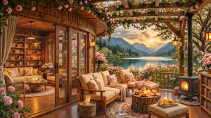 Терраса с камином и джазом у озера для отдыха и уюта 🌸🔥