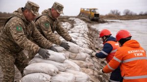 Военные и спасатели укрепляют дамбы для защиты населения от паводков в Казахстане