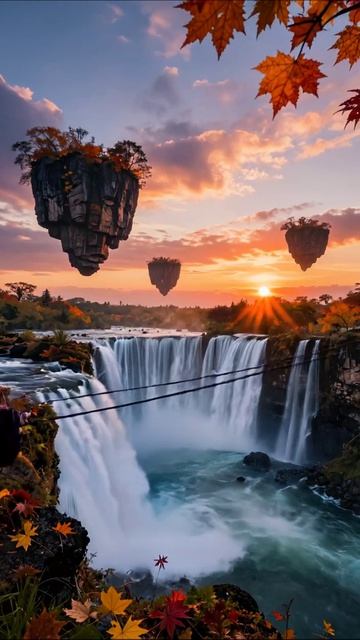 Волшебство осени: падающие водопады и парящие острова #природа #осень #фантазия