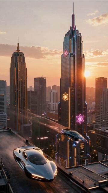Будущее городов: летающие машины на фоне небоскрёбов #футуризм #летающиеавтомобили #городскаяжизнь