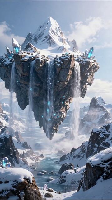 Летающая гора с водопадами и кристаллами #фантазия #природа #3D